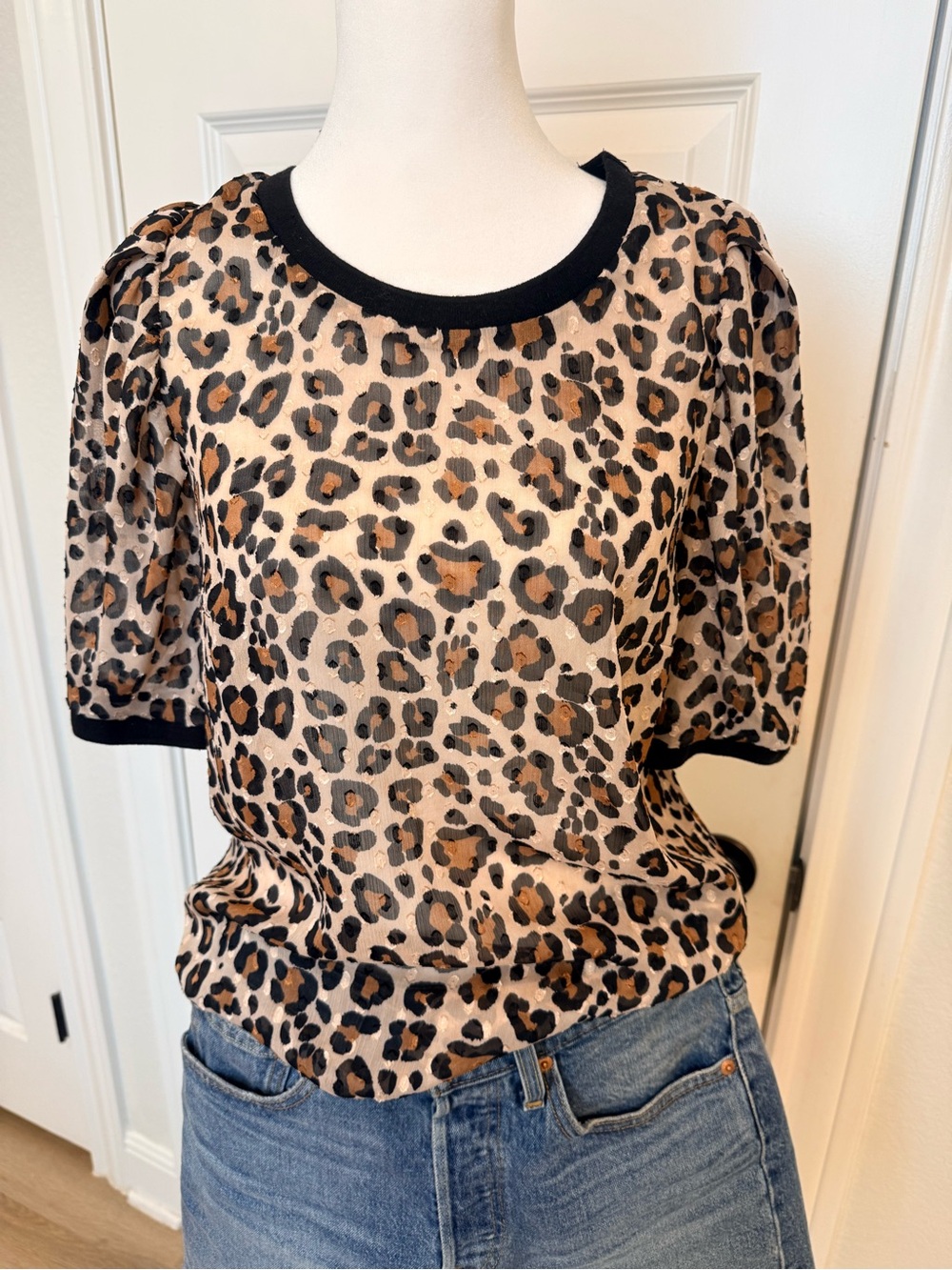 Sheer Leopard Print Puff-Sleeve Women's Top - Black Trim